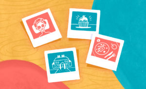 Illustrative polaroids floating on a red, orange and turquoise texture background